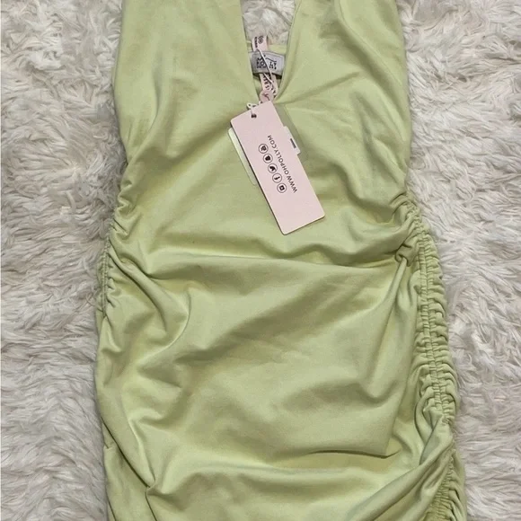 Oh Polly Lime Green Ruched Bodycon Mini Dress Club-Girl Y2K Baddie Size 6 NWT - Picture 6 of 11